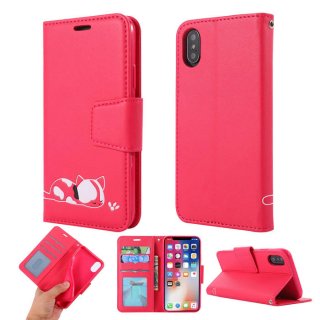 iPhone XS/X Cat Pattern Wallet Magnetic Stand PU Leather Case Red