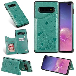 Samsung Galaxy S10 Plus Bee and Cat Magnetic Card Slots Stand Cover Green