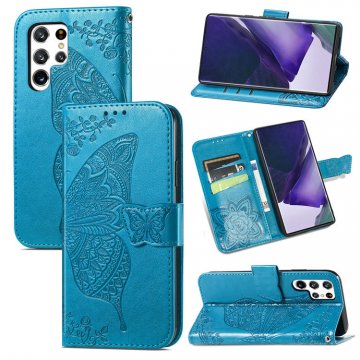 Butterfly Embossed Leather Wallet Kickstand Case Blue For Samsung