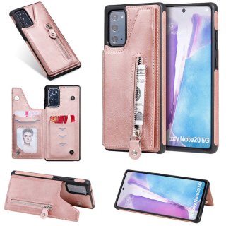 Samsung Galaxy Note 20 Ultra Zipper Pocket Card Slots Magnetic Clasp Stand Case Rose Gold