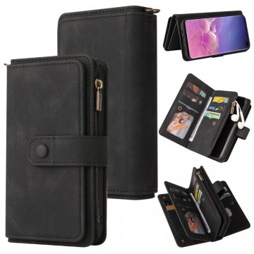 For Samsung Galaxy S10 Plus Wallet 15 Card Slots Case with Wrist Strap Black