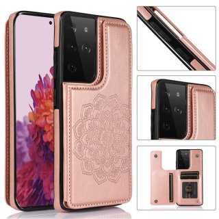 Mandala Embossed Samsung Galaxy S21 Ultra Case with Card Holder Rose Gold