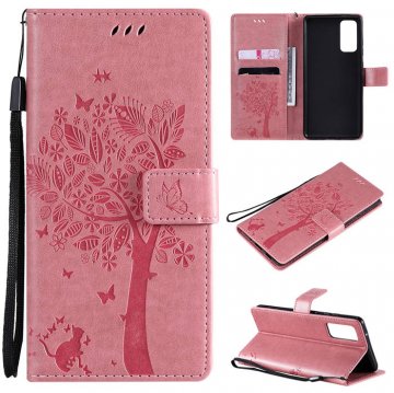 Samsung Galaxy S20 FE Embossed Tree Cat Butterfly Wallet Stand Case Pink