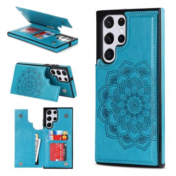 Mandala Embossed Samsung Galaxy S23 Ultra Case with Card Holder Blue