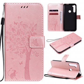 Motorola One Fusion Plus Embossed Tree Cat Butterfly Wallet Stand Case Rose Gold