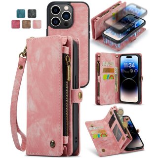 CaseMe iPhone 14 Pro Zipper Wallet Case with Wrist Strap Pink