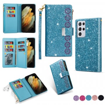 Samsung Galaxy S21/S21 Plus/S21 Ultra Wallet Glitter Bling Leather Case Blue