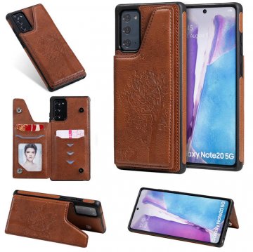 Samsung Galaxy Note 20 Luxury Tree and Cat Magnetic Card Slots Stand Cover Brown