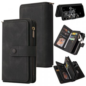 For Samsung Galaxy S20 Ultra Wallet 15 Card Slots Case with Wrist Strap Black