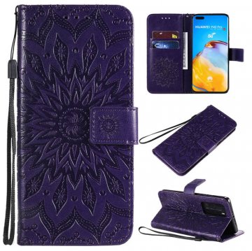 Huawei P40 Pro Embossed Sunflower Wallet Stand Case Purple