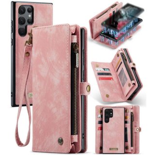 CaseMe Samsung Galaxy S22 Ultra Zipper Wallet Case with Wrist Strap Pink