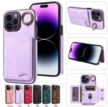 For iPhone 14 Pro Max Card Holder Ring Kickstand Case Purple