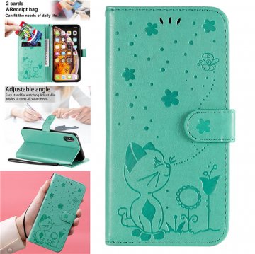 iPhone XS Max Embossed Cat Bee Wallet Magnetic Stand Case Green