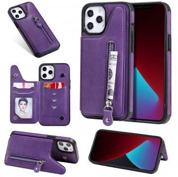 iPhone 12 Pro Max Zipper Pocket Card Slots Magnetic Clasp Stand Case Purple