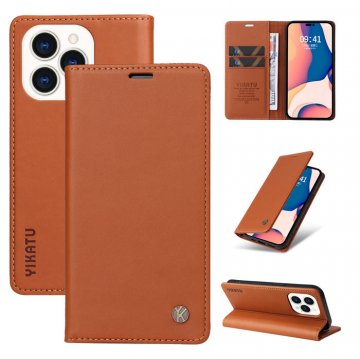 YIKATU iPhone 14 Pro Wallet Kickstand Magnetic Case Brown