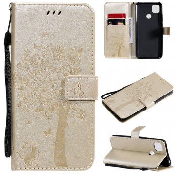 Xiaomi Redmi 9C Embossed Tree Cat Butterfly Wallet Stand Case Gold
