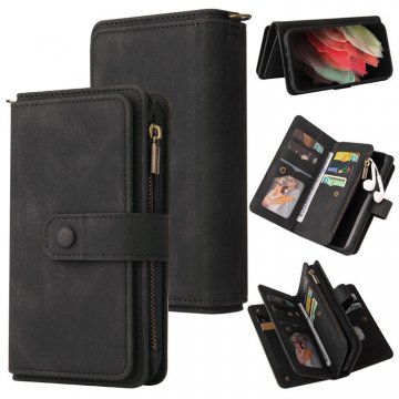 For Samsung Galaxy S21 Ultra Wallet 15 Card Slots Case with Wrist Strap Black