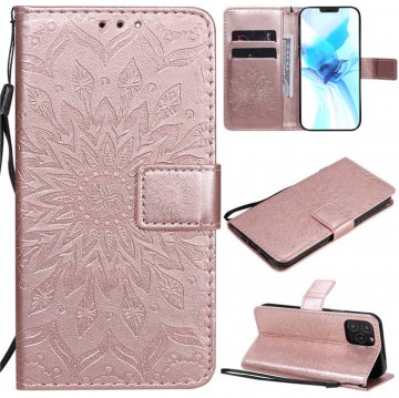 iPhone 12 Pro Embossed Sunflower Wallet Magnetic Stand Case Rose Gold