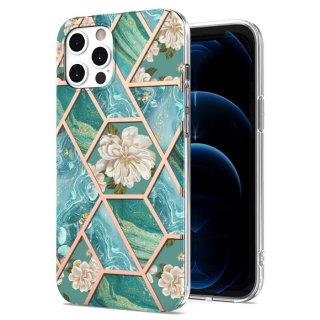 iPhone 12 Pro Flower Pattern Marble Electroplating TPU Case Blue