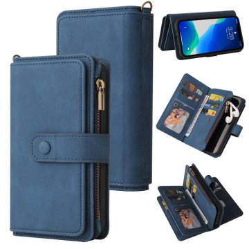 iPhone 13 Pro Wallet 15 Card Slots Case with Wrist Strap Blue