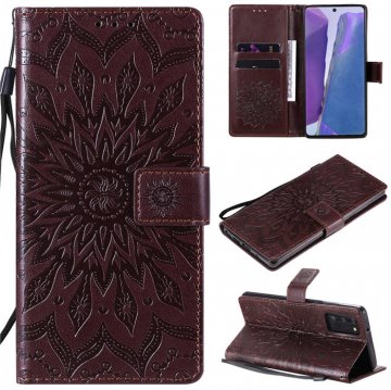 Samsung Galaxy Note 20 Embossed Sunflower Wallet Stand Case Brown