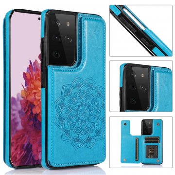 Mandala Embossed Samsung Galaxy S21 Ultra Case with Card Holder Blue