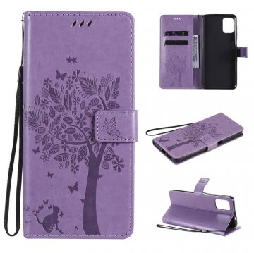 Motorola Moto G9 Plus Embossed Tree Cat Butterfly Wallet Stand Case Lavender