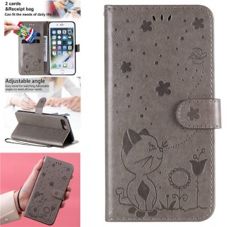 iPhone 7 Plus/8 Plus Embossed Cat Bee Wallet Stand Case Gray