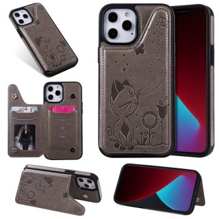 iPhone 12 Pro Max Luxury Bee and Cat Magnetic Card Slots Stand Cover Gray