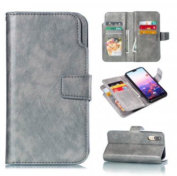 Huawei P20 Wallet Stand Leather Case with 9 Card Slots Gray