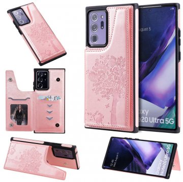 Samsung Galaxy Note 20 Ultra Embossed Tree Cat Magnetic Clasp Wallet Stand Case Rose Gold