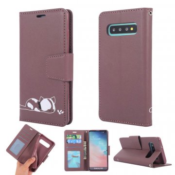 Samsung Galaxy S10 Cat Pattern Wallet Magnetic Stand Case Brown