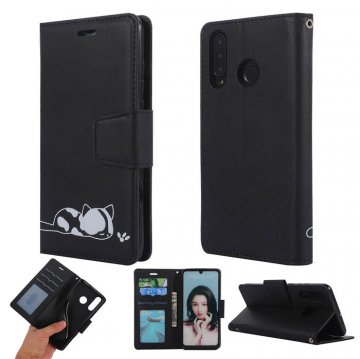Huawei P30 Lite Cat Pattern Wallet Magnetic Stand Case Black