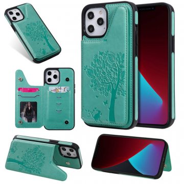 iPhone 12 Pro Max Embossed Tree Cat Magnetic Clasp Wallet Stand Case Green