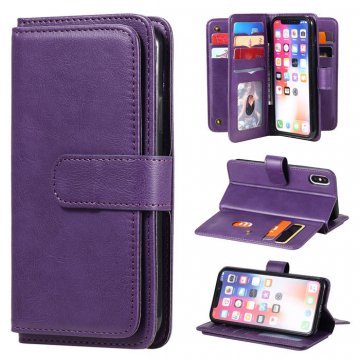 iPhone X/XS Multi-function 10 Card Slots Wallet Leather Case Violet