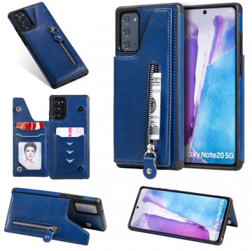Samsung Galaxy Note 20 Ultra Zipper Pocket Card Slots Magnetic Clasp Stand Case Blue