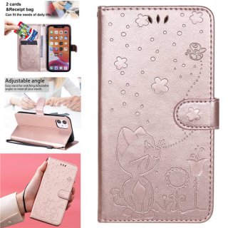 iPhone 11 Embossed Cat Bee Wallet Magnetic Stand Case Rose Gold