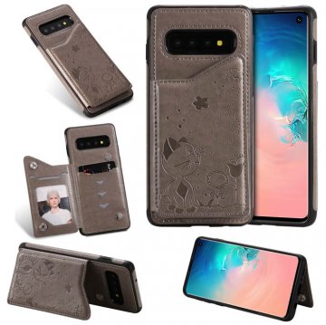 Samsung Galaxy S10 Bee and Cat Magnetic Card Slots Stand Cover Gray