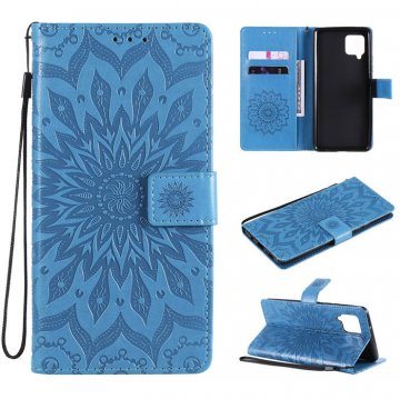 Samsung Galaxy A52 5G Embossed Sunflower Wallet Magnetic Stand Case Blue