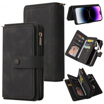 Multi-Functional Zipper Wallet 15 Card Slots Stand Leather Phone Case Black