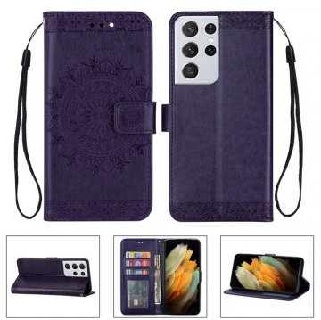 Samsung Galaxy S21/S21 Plus/S21 Ultra Wallet Embossed Totem Pattern Stand Case Purple