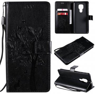 Motorola Moto G9 Play Embossed Tree Cat Butterfly Wallet Stand Case Black