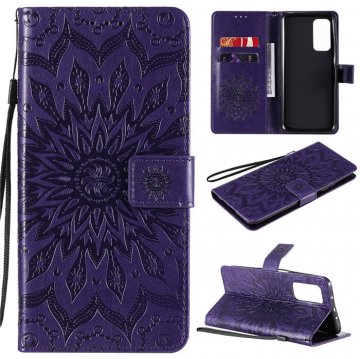 Xiaomi Mi 10T/10T Pro Embossed Sunflower Wallet Magnetic Stand Case Purple