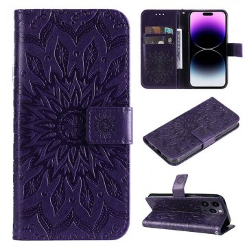 Embossed Sunflower Leather Wallet Kickstand Phone Case Purple