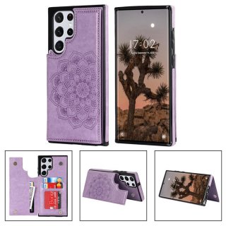 Mandala Embossed Samsung Galaxy S22 Ultra Case with Card Holder Purple