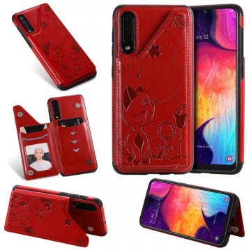 Samsung Galaxy A50 Bee and Cat Magnetic Card Slots Stand Cover Red