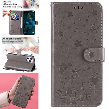 iPhone 12 Pro Max Embossed Cat Bee Wallet Magnetic Stand Case Gray