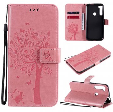 Motorola One Fusion Plus Embossed Tree Cat Butterfly Wallet Stand Case Pink