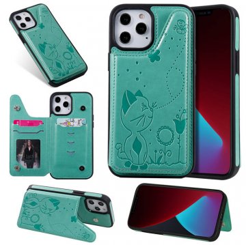 iPhone 12 Pro Max Luxury Bee and Cat Magnetic Card Slots Stand Cover Green