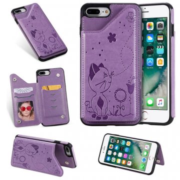 iPhone 7 Plus/8 Plus Bee and Cat Embossing Card Slots Stand Cover Purple